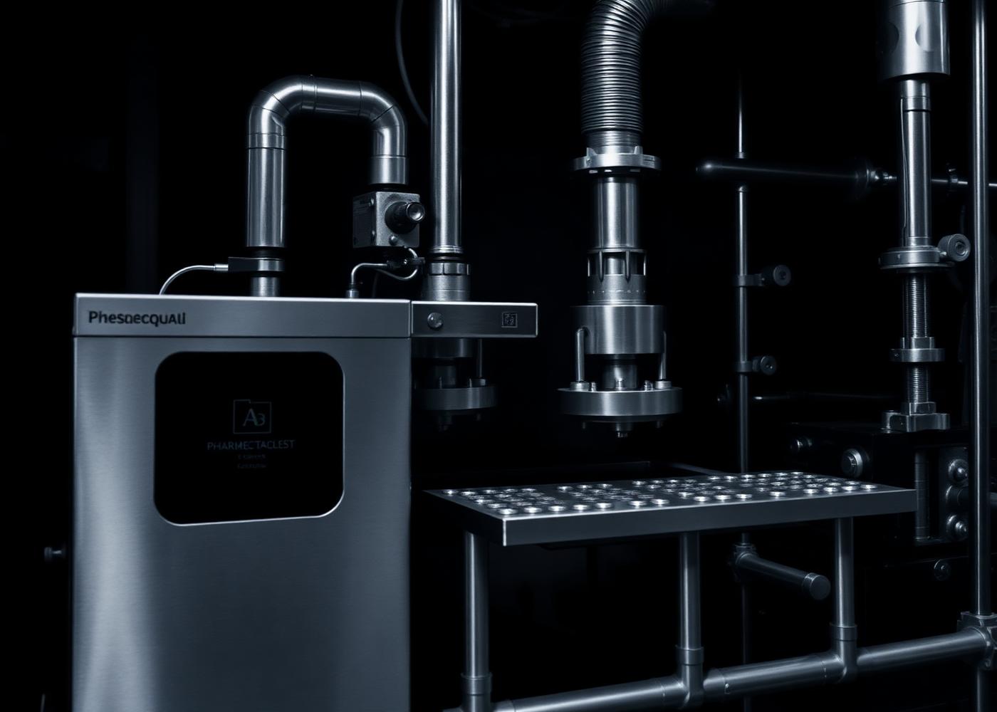 Pharmaceutical production machinery in dark duotone
